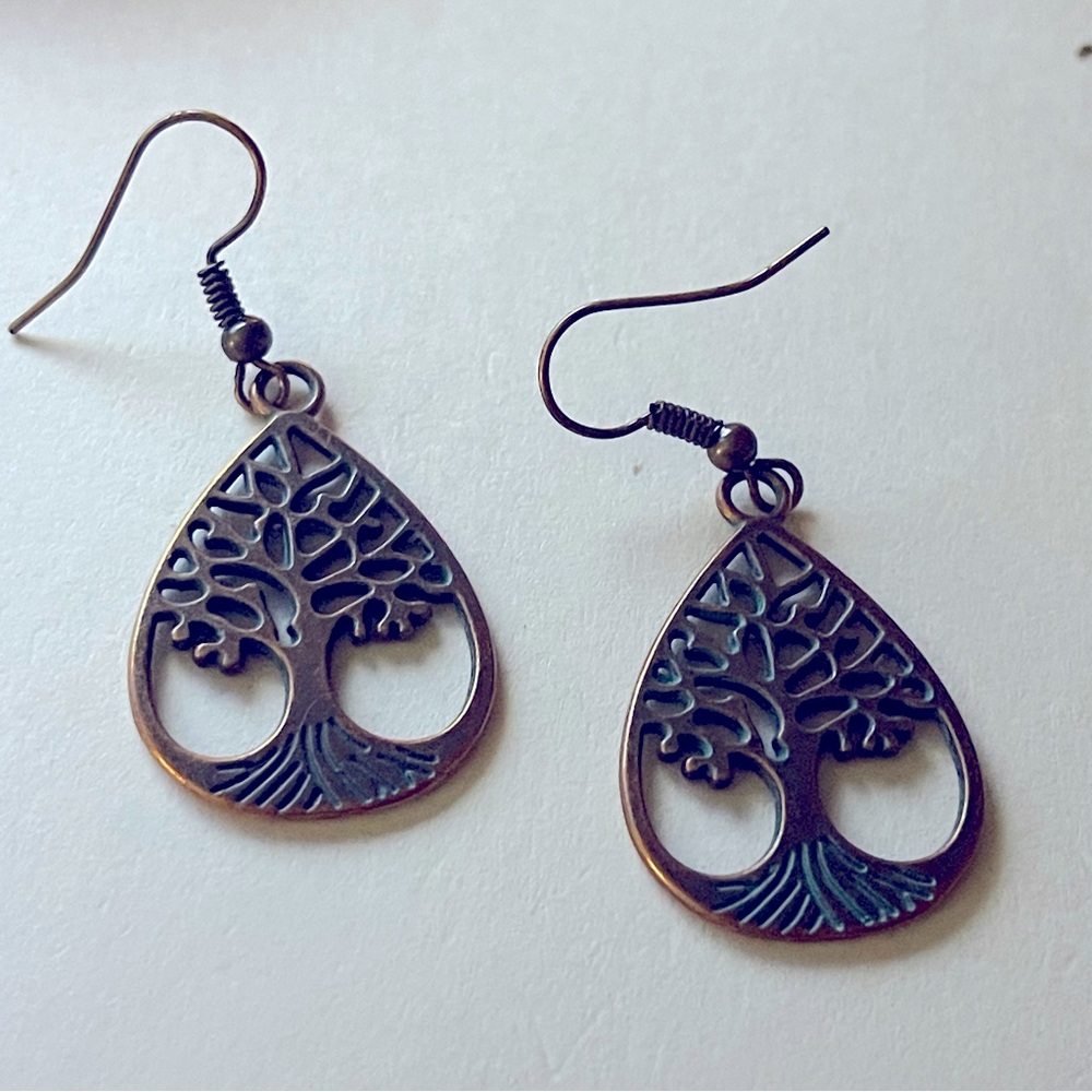 New Green Patina Bronze Celtic Spiritual Tree of Life Bohemien Dangle Earrings - Picture 4 of 9